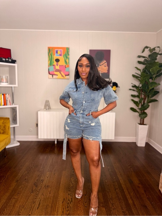 Pants - Denim Short Jumpsuit Romper - Blue